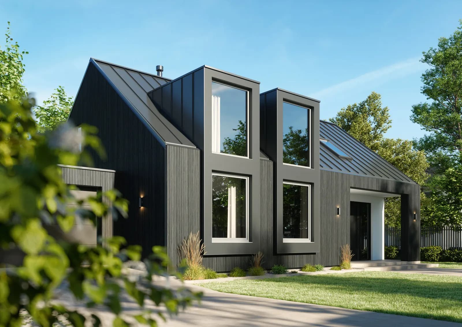 Black barn-style house with tall upright windows
