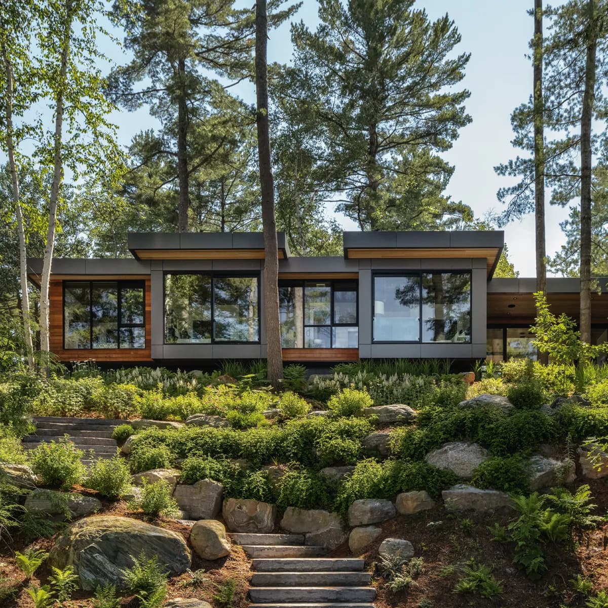 Detached house with wide window bands among greenery