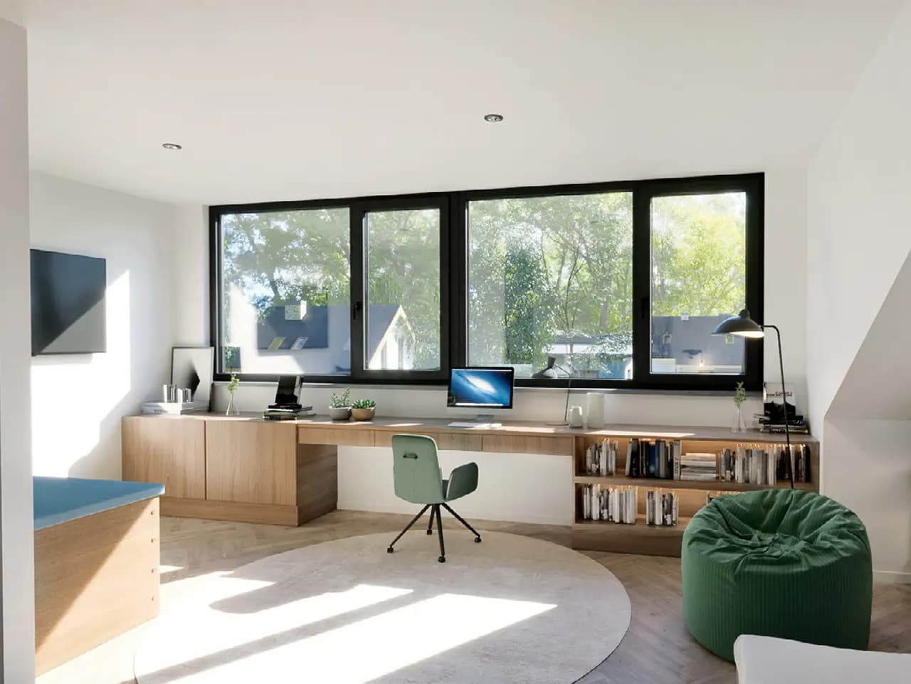 Home office in front of a wide black PVC window